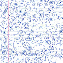 Children clothing and fashion. Dress, skirt, shorts. scarf, trousers for boys and girls. Kids fashion. Summer, winter, spring, autumn sale. Seamless pattern.