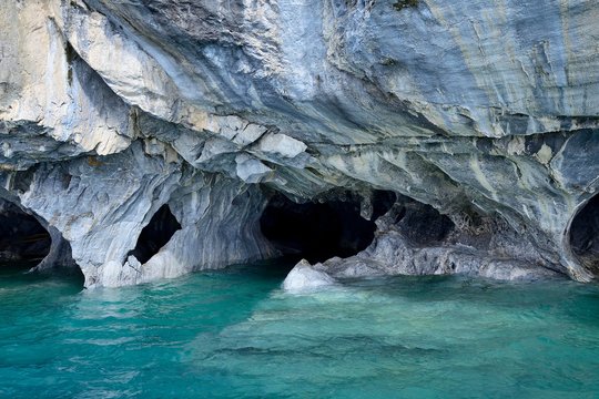 Bizarre rock formations of the marble caves, Cuevas de Marmol, Lago General Carrera, Puerto Rio Tranquilo, Region de Aysen, Chile, South America