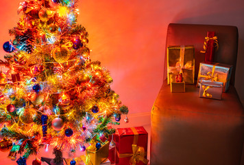 Christmas tree with the decorative ornaments on Merry Christmas festival 