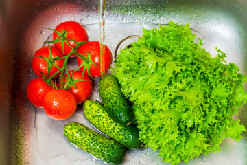 fresh vegetables cucumbers, tomatoes and salad in the sink in the kitchen