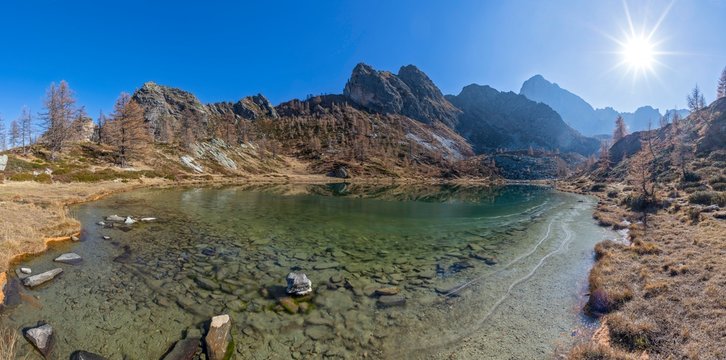 Mountain lake in autumn, Lago Nero, Valle Maira, Piemonte, Italy, Europe