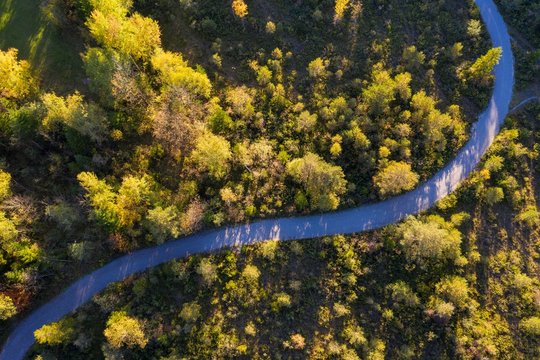 Curvy path in Isarauen, near Gaissach, drone shot, Isarwinkel, Upper Bavaria, Bavaria, Germany, Europe
