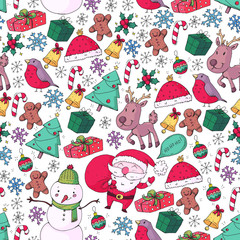 Winter Christmas seamless vector pattern. Icons of Santa, snowman, deer, bell, Christmas tree.