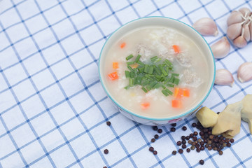 Rice porridge with pork or rice soup, Asia food culture from rice