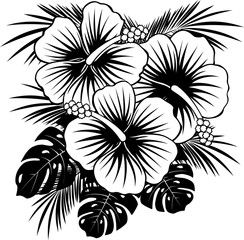 hibiscus flowers with tropical leaves in black and white