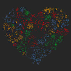 Winter Christmas vector pattern. Icons of Santa, snowman, deer, bell, Christmas tree. Merry Christmas Happy new year