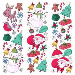 Winter Christmas vector pattern. Icons of Santa, snowman, deer, bell, Christmas tree. Merry Christmas Happy new year