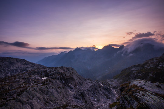 Sunset at the Swiss Alps - Huette Cadlimo on Lukmanierpass, Canton Ticino, Switezrland