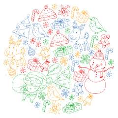 Winter Christmas vector pattern. Icons of Santa, snowman, deer, bell, Christmas tree. Merry Christmas Happy new year