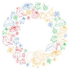 Winter Christmas vector pattern. Icons of Santa, snowman, deer, bell, Christmas tree. Merry Christmas Happy new year
