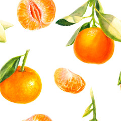 Watercolor hand drawn branch of tangerine with green leaves seamless pattern.