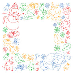 Winter Christmas vector pattern. Icons of Santa, snowman, deer, bell, Christmas tree. Merry Christmas Happy new year