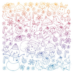 Fototapeta na wymiar Winter Christmas vector pattern. Icons of Santa, snowman, deer, bell, Christmas tree. Merry Christmas Happy new year