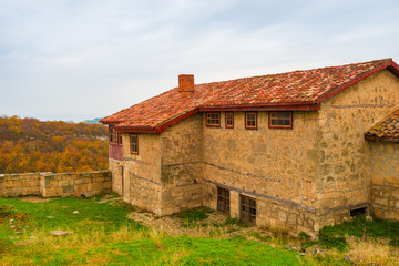 Fototapeta na wymiar Stone house on the mountain in the cave town of Chufut-Kale in Crimea, Russia