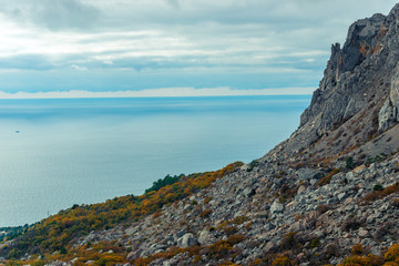 Rocky coast, view of the calm Black Sea, landscape of Crimea, Russia