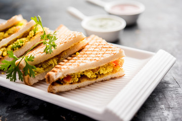 Fototapeta na wymiar Paneer bhurji sandwich is a tasty paneer based dish made with cottage cheese.served with fresh tomato ketchup and green mint chutney. selective focus
