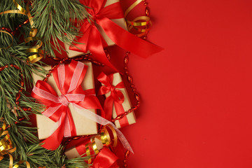 Bright New Year background with packed gifts