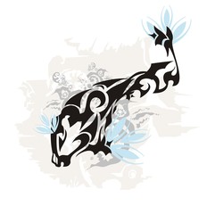 Abstract fish on a gray backdrop. The unusual black flaming peaked fish symbol with decorative elements on a grunge background