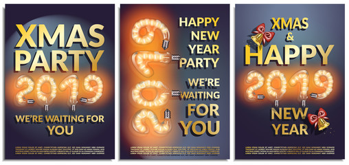 Vector set of posters, greetings, cards, invitations to the Christmas and happy New Year party. Photorealistic the lettering 2019 brilliant glowing lampwith with bells, serpentine,dark blue background