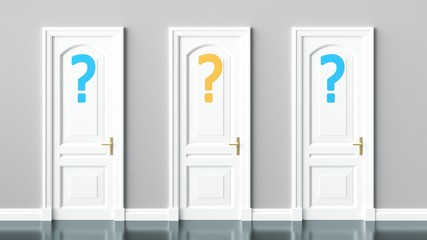 Options, decisions, questions about a good choice symbolized by three doors with question marks, 3d illustration