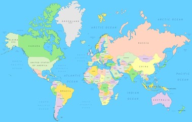 Fototapeta premium Polityczna mapa świata | Atlas szczegółów wektora w odwzorowaniu Mercatora
