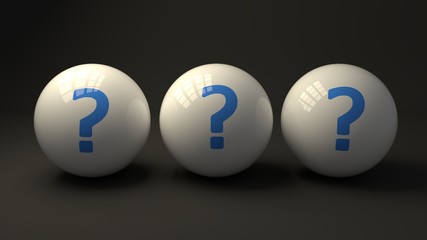 Choice, option, selection, questions symbolized by three balls with question marks, part 3, 3d illustration