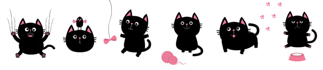 Black fat cat set. Bird, butterfly, bow, pawprint, clew ball paw print. Nail claw scratch, sitting, smiling. White background. Isolated. Flat design.