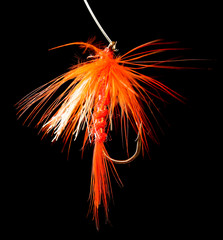 Feathers on the hook for fishing on a black background