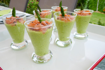 finger food made from avocado,asparagus and smoke salmon idea for party with friends and family, celebration, special occasion, wedding, New year, Christmas season. 