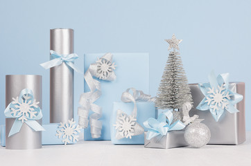 Elegance soft christmas home decorations - silver small fir with blue and metallic gift boxes with...