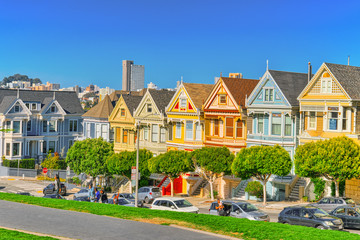 Panoramic view of the San Francisco Painted ladies (Victorian Houses).