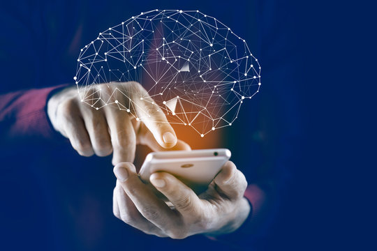 man hand phone with brain