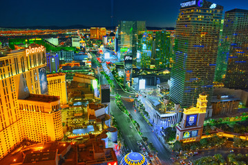 Main street of Las Vegas-is the Strip in evening time. - obrazy, fototapety, plakaty