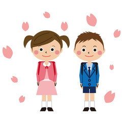 青い礼服の男の子とピンクの礼服女の子の入学式　桜の花びらが舞う