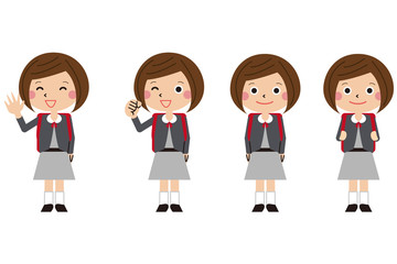 Fototapeta premium ポップなグレーの礼服の男の子と女の子の卒園式（ランドセルなし） 背景学校と桜