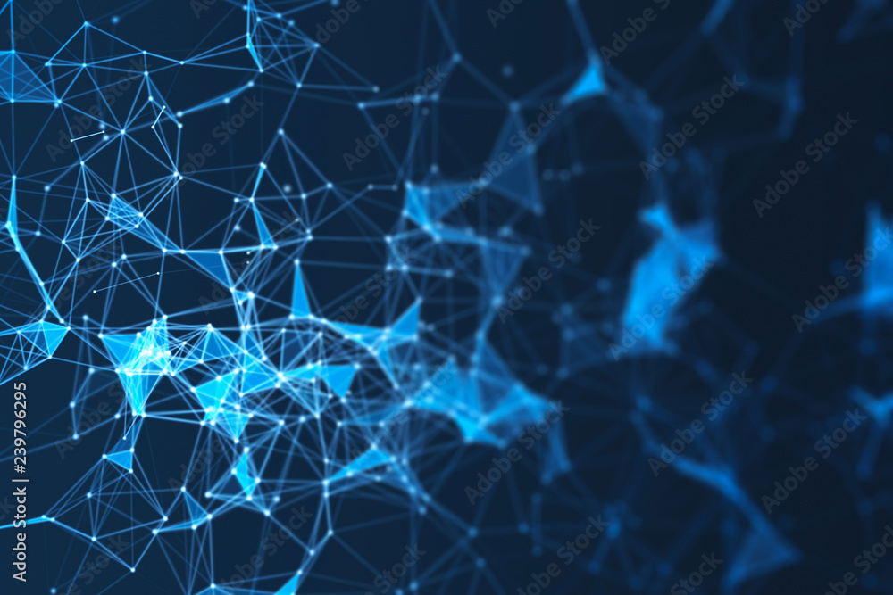 Poster blue digital data and network connection triangle lines and spheres in futuristic technology concept