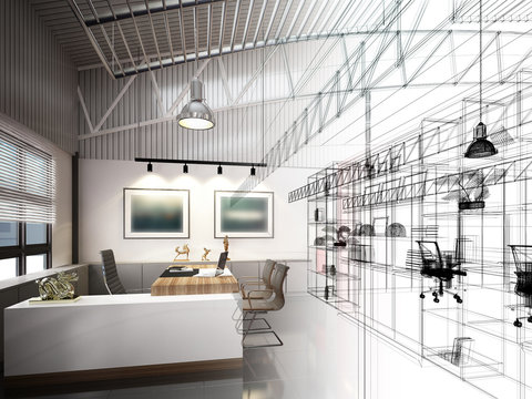 sketch design of interior working room,3d rendering