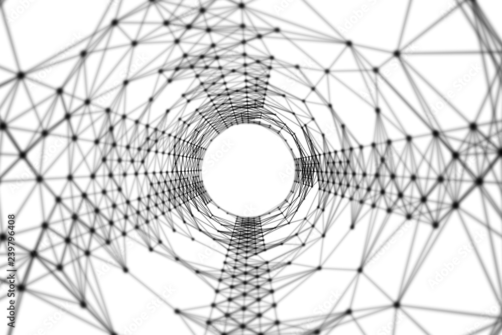 Poster black tunnel with network connection pattern lines on white. high-tech background in digital compute