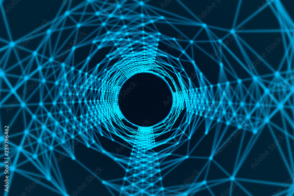 Poster blue tunnel with network connection pattern lines. high-tech background in digital computer technolo