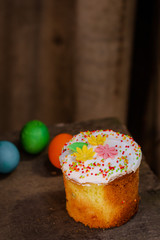 easter cake and easter eggs. Happy easter!   (traditional decoration and treats) easter food. Copy space. top view