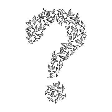 Birds flying in form of question mark engraving vector illustration. Scratch board style imitation. Black and white hand drawn image.