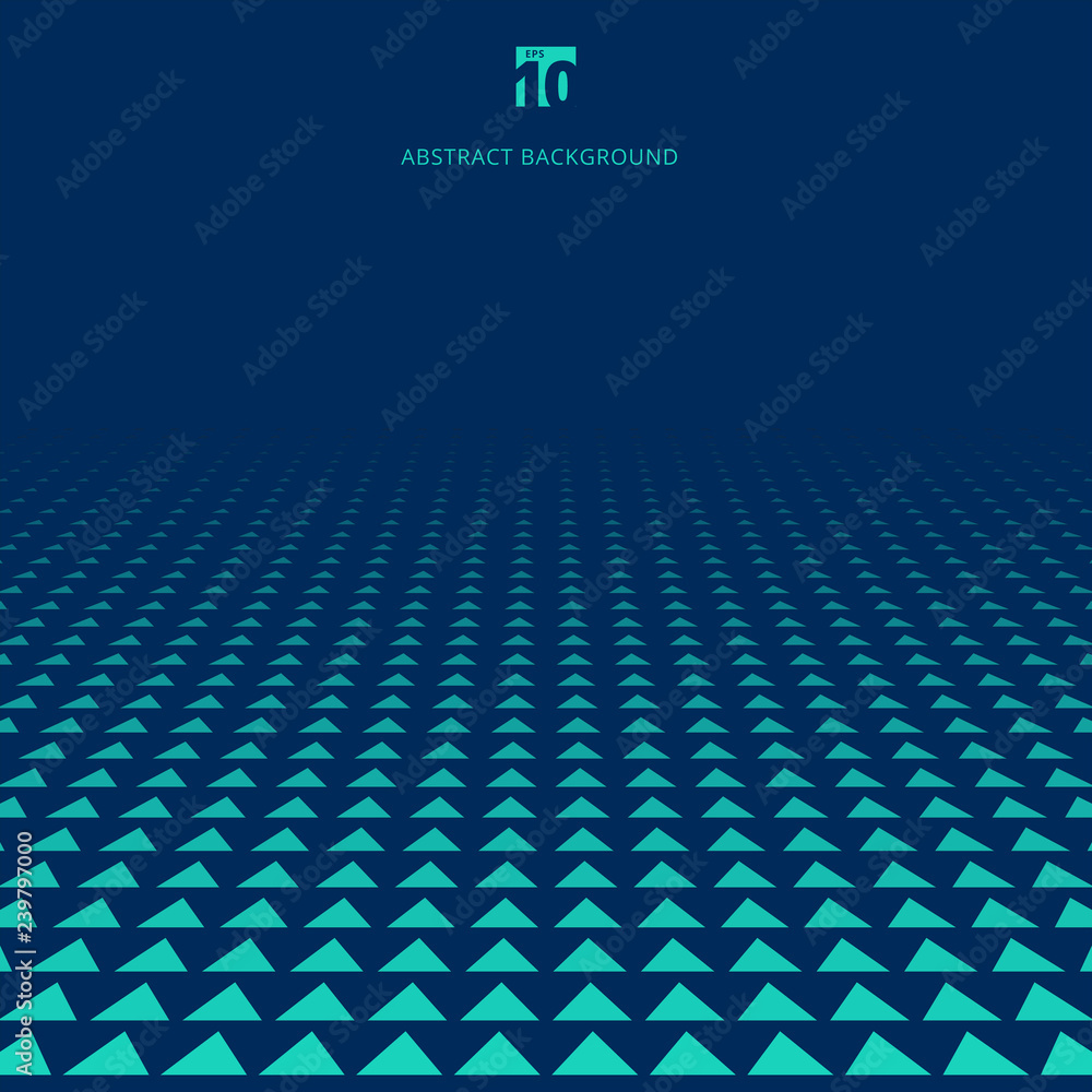 Poster abstract green geometric triangles pattern halftone perspective on blue background.
