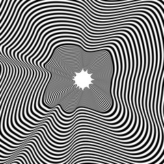 Abstract black and white striped background. Geometric pattern with visual distortion effect. Optical illusion. Op art.