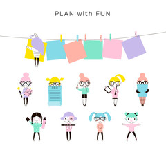 Fototapeta na wymiar funny cartoon nerdy planner girls set, office concept illustrations, pastel colours flat vector graphics, kawaii style characters