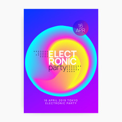Obraz premium Music flyer. Fluid holographic gradient shape and line. Electronic sound. Night dance lifestyle holiday. Trendy indie show invitation design. Poster for summer fest and music flyer.
