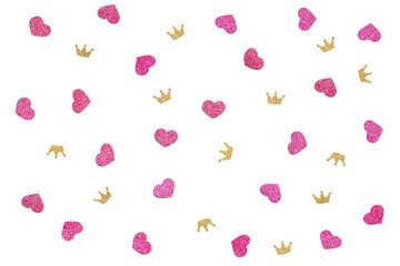 Heart and crown glitter confetti paper cut background - isolated