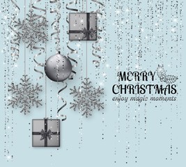 Merry Christmas background with shiny snowflakes, silver balls, gift boxes and grey colored tinsel and streamer. Greeting card and Xmas template
