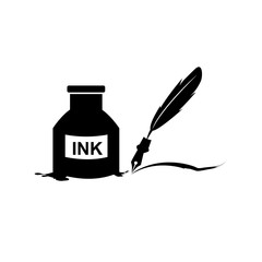Feather pen and inkwell. Drawing of ancient stationery on white background. Concept for education. - Vector