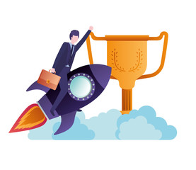 businessman with rocket and trophy avatar character