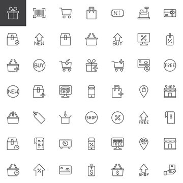 Online Shopping outline icons set. linear style symbols collection, line signs pack. vector graphics. Set includes icons as Gift box, Barcode, Trolley Cart, Discount Coupon, Sale price tag, new basket